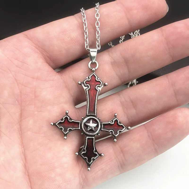 Red Bloody Inverted Cross Pendant Necklace Vintage Gothic Cross Pendant Necklace Devil Lucifer Satan Satanic Jewelry