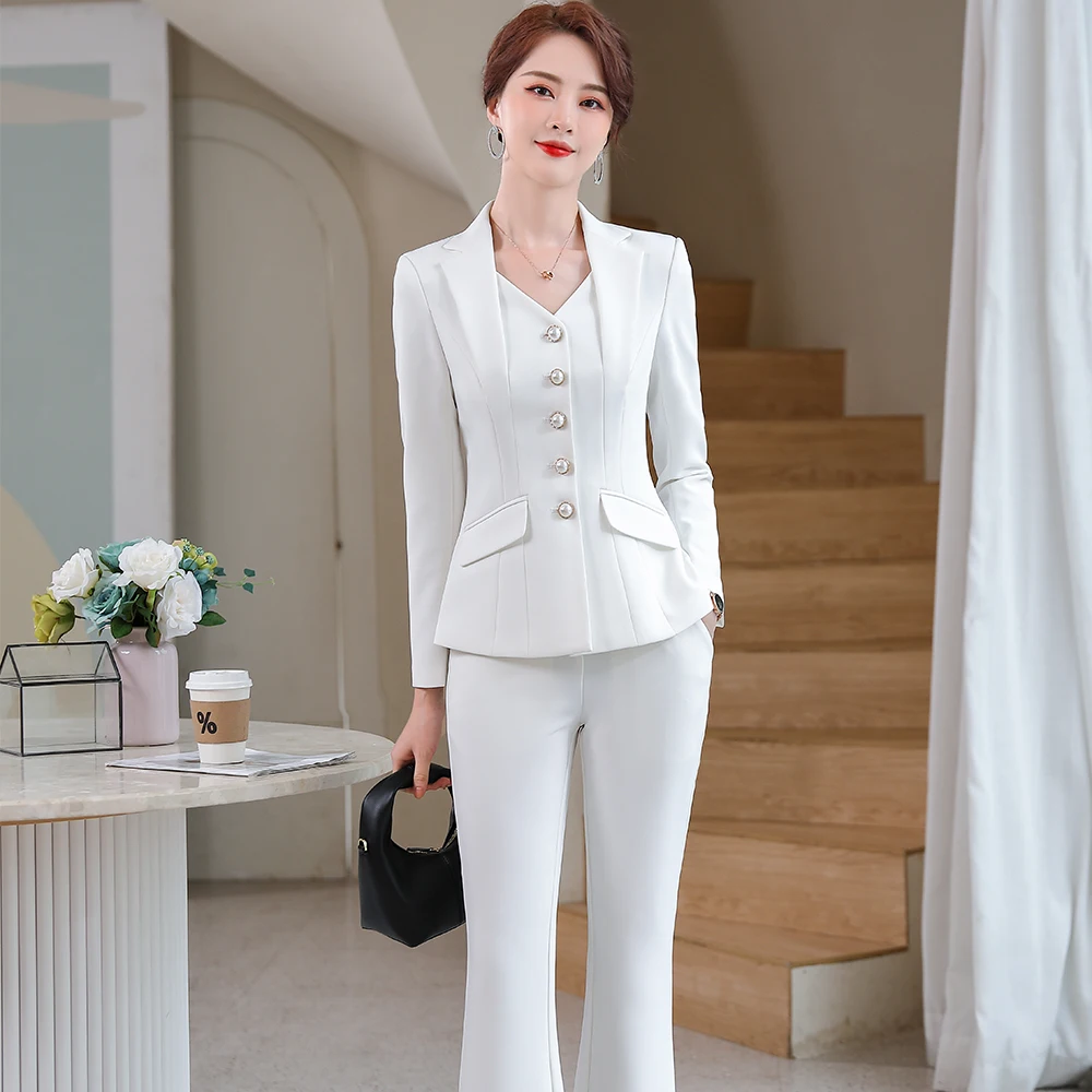 Fashion Design White Red Black Ladies Blazer Jacket And Pant Suit Trousers Women Female Formal Office Work 2 Piece Set