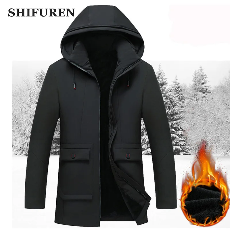 SHIFUREN Warm Coat Parka Winter Jacket Men Fleece Cotton-Padded Overcoat Causal Male Long Sleeve Hooded Jackets jaqueta