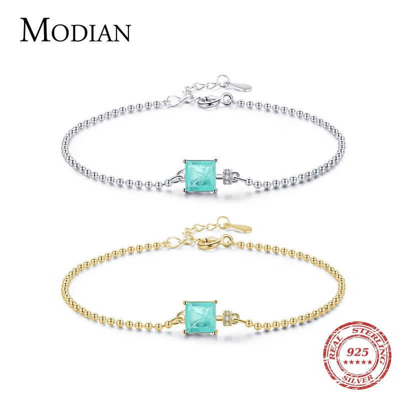 Modian 2021 New Real 925 Sterling Silver Luxury Square Tourmaline Beads Chain Bracelet For Women Paraiba Fine Statement Jewelry