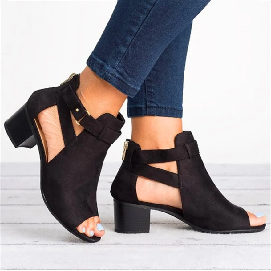 Peep Toe Square Heel Women Sandals New Solid Flock Buckle Strap High Heels Gladiator Pumps Summer Ladies Casual Shoes Size 35-43