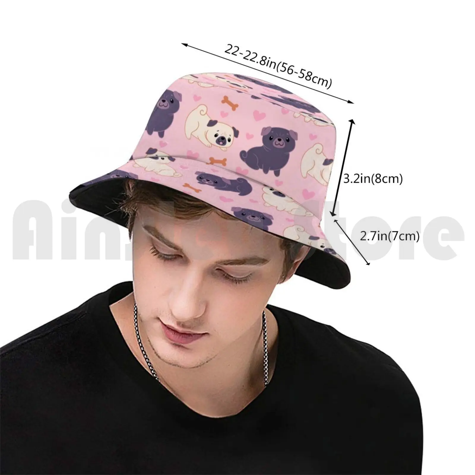 Love Pugs Pattern Sun Hat 1709 Bucket Hat Pug Pugs Dog Dogs Doggy Cute Cute Dog Black Pink Hearts Love