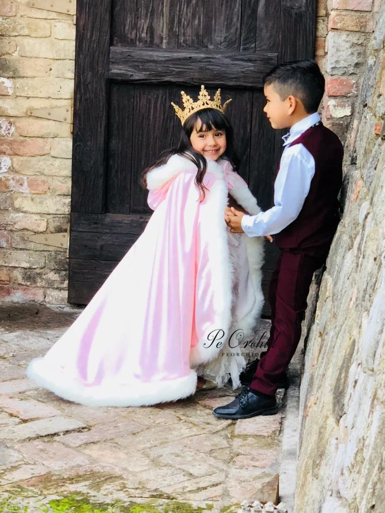 PEORCHID Công Chúa Hoa Bé Gái Trùm Đầu Mũi Hồng Ngà Satin Lông Thú Giả Ấm Junior Cô Dâu Chân WinterWedding Bọc Trẻ Em Áo Choàng