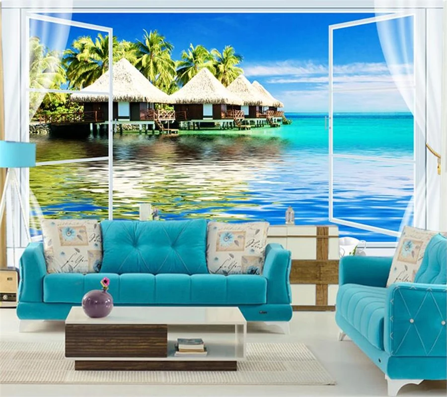 

wellyu Custom 3d seaside cottage big tree scenery sofa background wall living room ws window sea garden balcony steps lake view