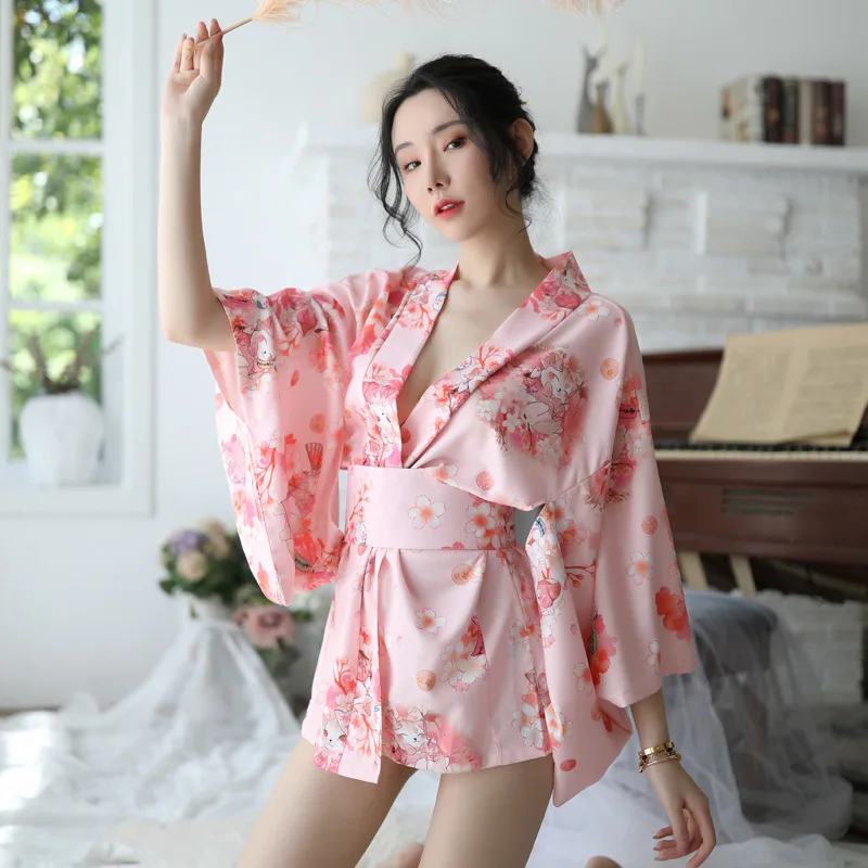 Sakura Girl Kimono Dress Japanese Style Yukata Bathrobe Women Floral  Print Haori Japan Uniform Cosplay Costume Party Short Gown