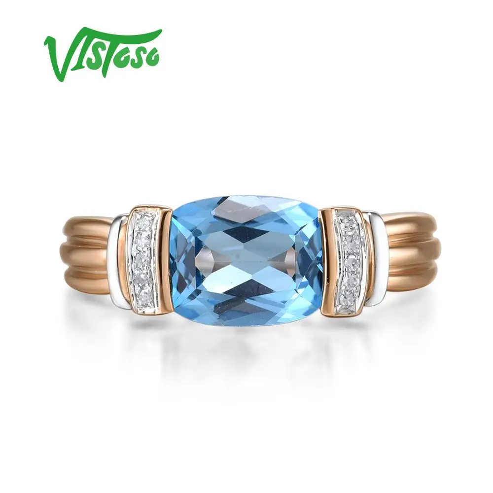 VISTOSO Gold Rings For Women Genuine 14K 585 Two Tone Gold Rings Sparkling Diamond Blue Topaz Wedding Anniversary Fine Jewelry