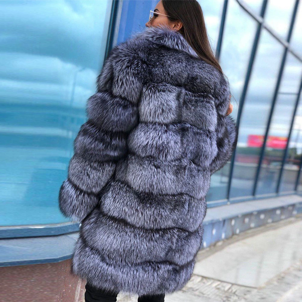 Fashion Long Silver Fox Fur Coats for Women Winter New 2022 Woman Natural Whole Skin Fox Fur Coat Stand Collar Warm Fur Outwear