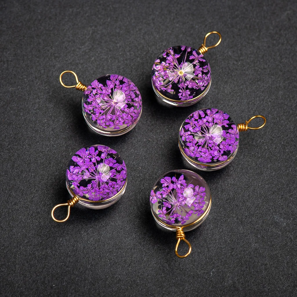 16#5pcs Glod Colors Dried Flowers Gloden Cabochon Glass Charm Necklace Pendant Charms For Jewelry Making DIY Accessories #XN174