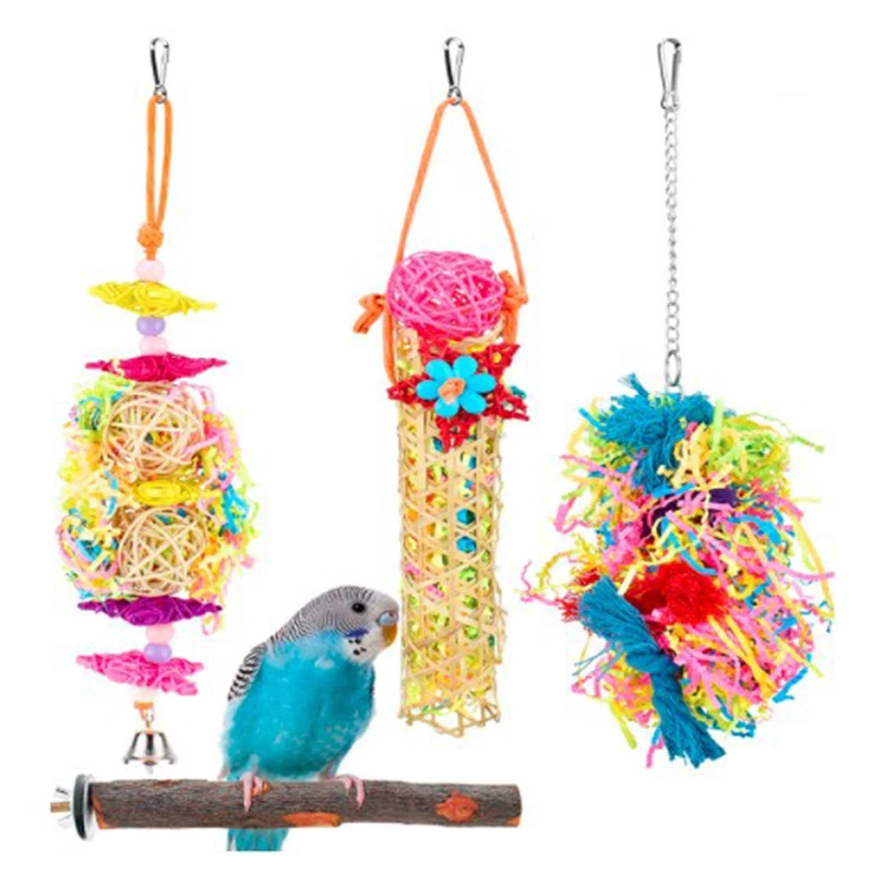 

4psc Bird Toy Brushed Bamboo Net Paper Straw Sepak Takraw Gnaw Parrot Toy Bamboo Woven Cotton String Standing Bar Pet Supplies