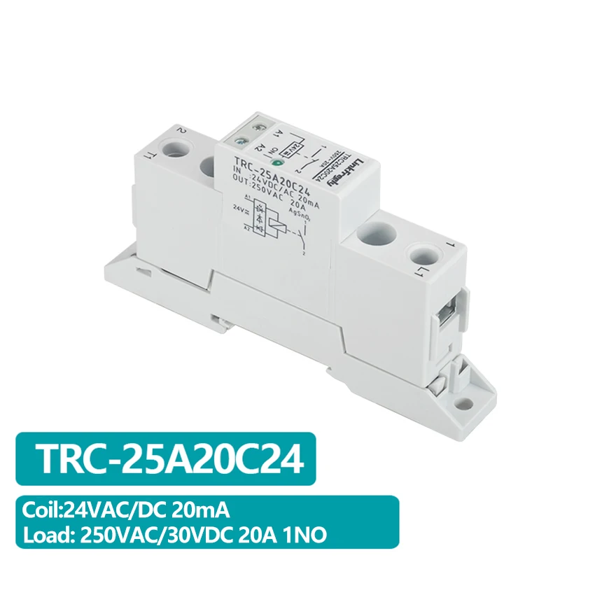 TRC-25A20C24 High Power Relay Din Rail  Input 24VDC/AC 20mA Output 250VAC 20A Electromagnetic Contact Relay Control Board Module