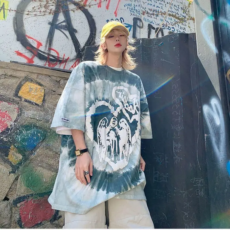 

Japan tie-dye short-sleeved t-shirt men women summer oversize Harajuku couple hip-hop hand-painted graffiti printing trend tops