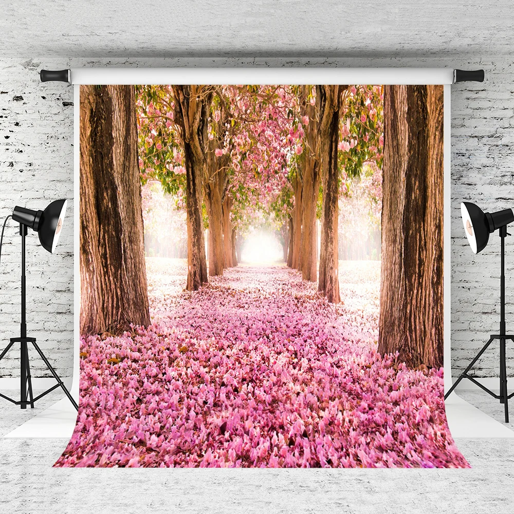 

VinylBDS Photography Autumn Leaves Backdrops Pink Flowers Photography Country Road Photo Bckdrop For Wedding