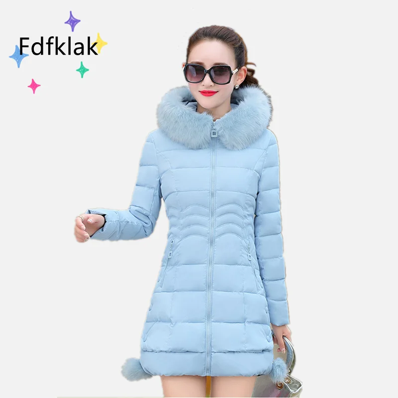 Fdfklak-abrigo grueso ajustado de talla grande para mujer, chaqueta de invierno de longitud media con cuello de piel coreana, Sudadera con capucha