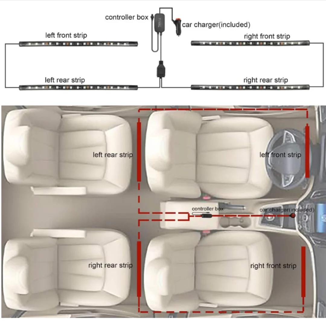 LED Car Interior Strips Lights for Cars, APP Control, DIY Colors, Music Microphone Control
