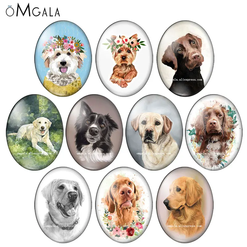 

Lovely Pet Dogs Art Paintings Cute Flower Animals 13x18mm/18x25mm/30x40mm Oval photo glass cabochon flat back Making findings