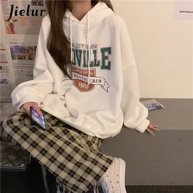 Jielur Korean Fashion Hoodies for Women Hooded Warm Fleece Gray White Sweatshirt Female Winter Loose Leisure M-XL Size Print Top