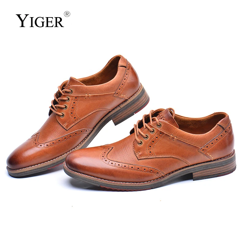 YIGER Men\'s Dress shoes Brogue Business shoes Man Cowhide Oxford shoes Male Formal Lace up shoes Casual Genuine Leather Bullock