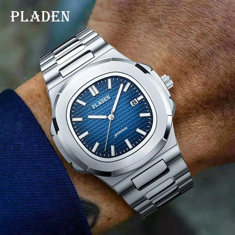 PLADEN New Business Men Watch Luxury Fashion Luminous Quartz Wristwatch Male Stainless Steel Waterproof Calendar Watches For Men