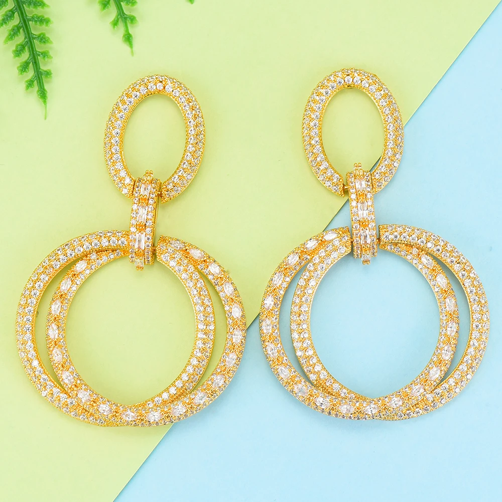 

Godki 2024 New HOT Luxury DUBAI Indian Round Circles Dangle Earrings For Women Luxury Full Cubic Zircon Wedding Earrings Jewelry