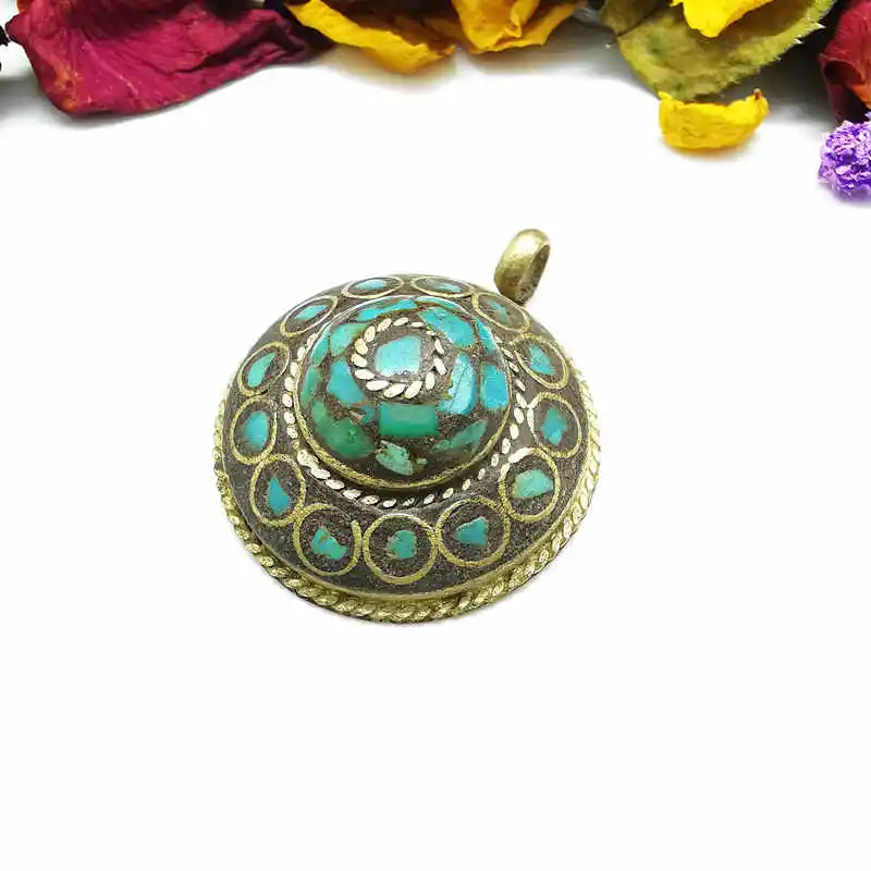 Nepal Vintage Hand Jewelry Brass Inlaid Turquoise Golden Big Pendants Multi Designs TBP200