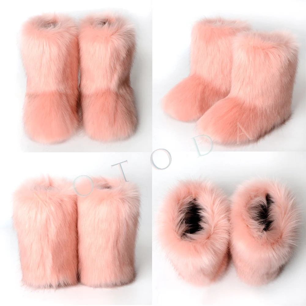 Hot Women Warm Fur Boots Woman Winter Plush Faux Fur Snow Boots Ladies Furry Outdoor Slip On Shoes Female Cozy Fuzzy Cotton Boot