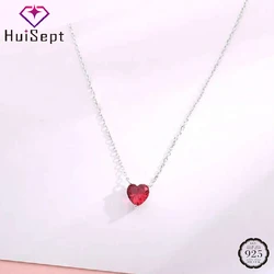 HuiSept Women Necklace Silver 925 Jewelry with Heart Shape Ruby Gemstone Pendant for Wedding Engagement Party Gift Accessories