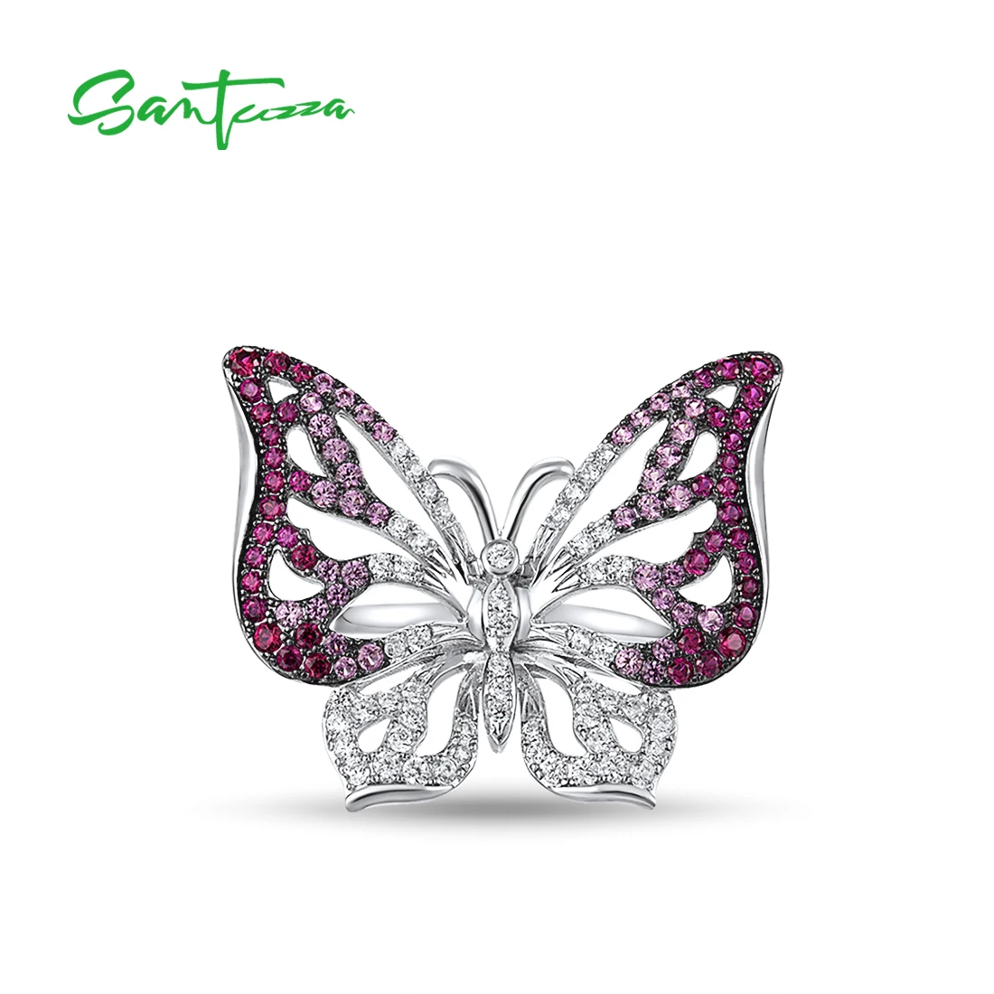 SANTUZZA Silver Ring For Women Genuine 925 Sterling Silver Sparkling Red Stones White CZ Butterfly Ring Stunning Fine Jewelry