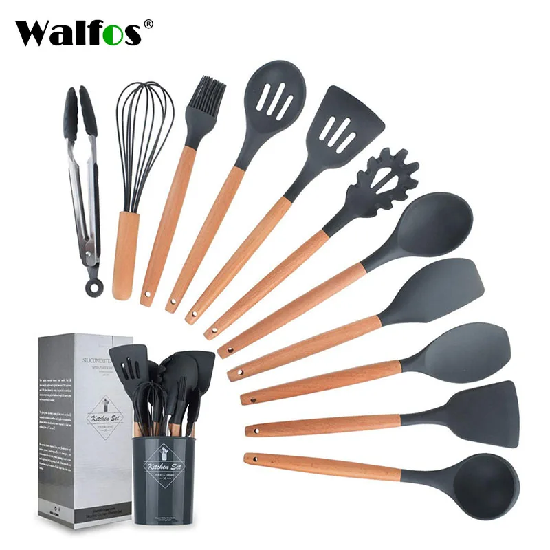 Walfos 12pcs Silicone Cooking Utensils Set Non-Stick Spatula Shovel Wooden Handle Cooking Tool Set With Storage Box Kitchen Tool