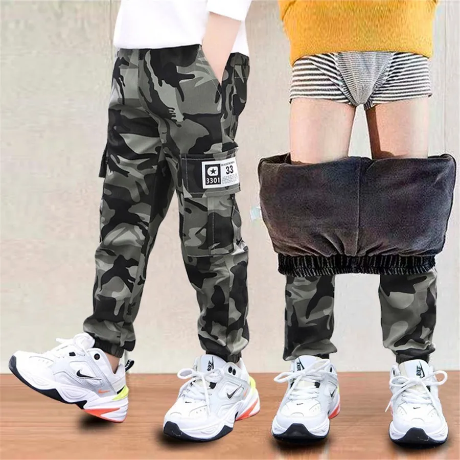 New 4-14T kids Boys Pants Autumn Winter Thick Camouflage Kids Trousers Teenage Boy Warm Clothing Elastic Waist Boy Cargo Pants