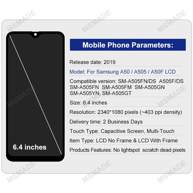 Super Amoled For Samsung Galaxy A50 LCD Display A505F SM-A505FN/DS Touch Screen Digitizer For Samsung A50 LCD A505F/DS Display