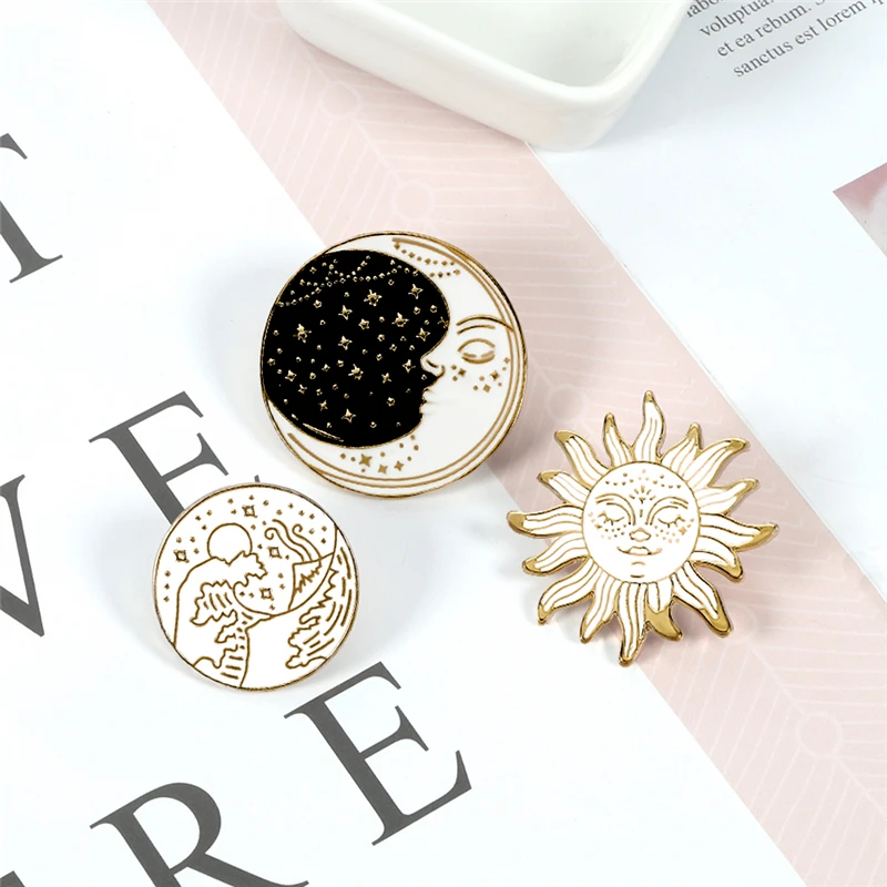 Gold Color Sun Moon Star Seaside Wave Brooch Cartoon Smile Face Round Enamel Pins Denim Jackets Lapel Pin Creative Badge Jewelry