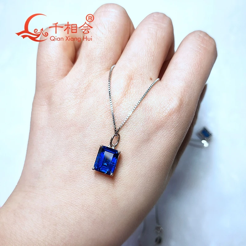 925 silver  emerald cut  blue color Artificial sapphire 8x10mm with inclusions main stone Jewelry for Pendant Necklace