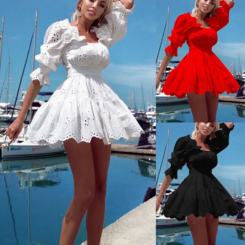 Sexy Ruffle Half Sleeve Short Dress Female Hollow Lace Summer White Black Mini Dress for Woman 2022 Vestidos Elegant Party Dress