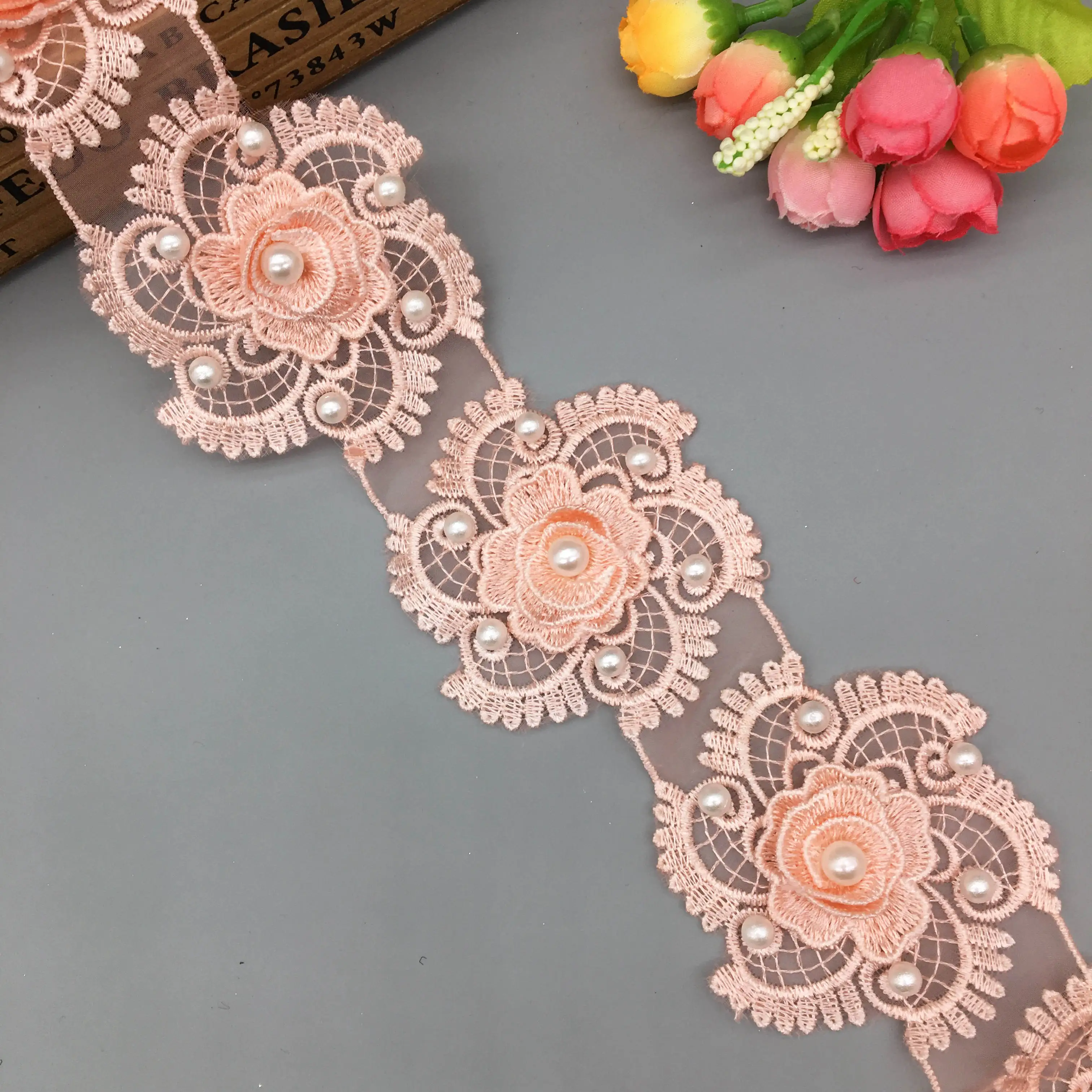 1 Yard 7CM Pink Lace Ribbon Pearl Rose Flower Embroidered Lace Trim Patch Fabric Sewing Craft Costume Wedding Dress Decoration