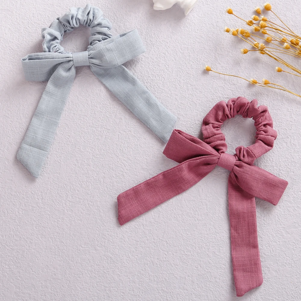 Solid Color Bow Linen Girls Elastic Hair Bands Long Ribbon Ponytail Scarf Hair Tie Women Scrunchies Girl Hair Accessories