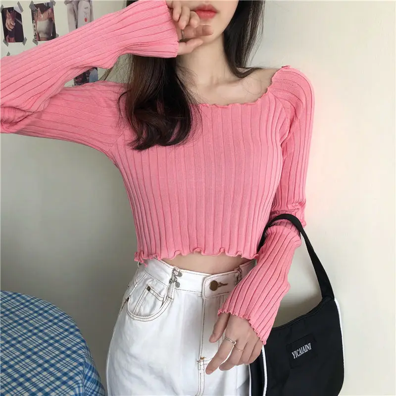 Woman TShirts Autumn Top Sexy Knitted Women\'s Short Long-Sleeved T-shirt Crop Top Mujer Camisetas