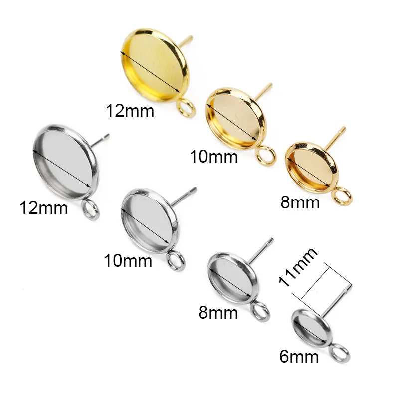 20pcs Gloden Hypoallergenic Stainless Steel Blank Stud Earring Base Settings Fit 6mm 8mm 10mm 12mm Cabochon Diy Jewelry Findings