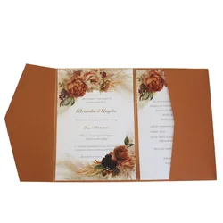 50Pcs Blank Copper Wedding Invitations Pockets With Envelopes and Ribbons For Party Invite Custoized Text Printing