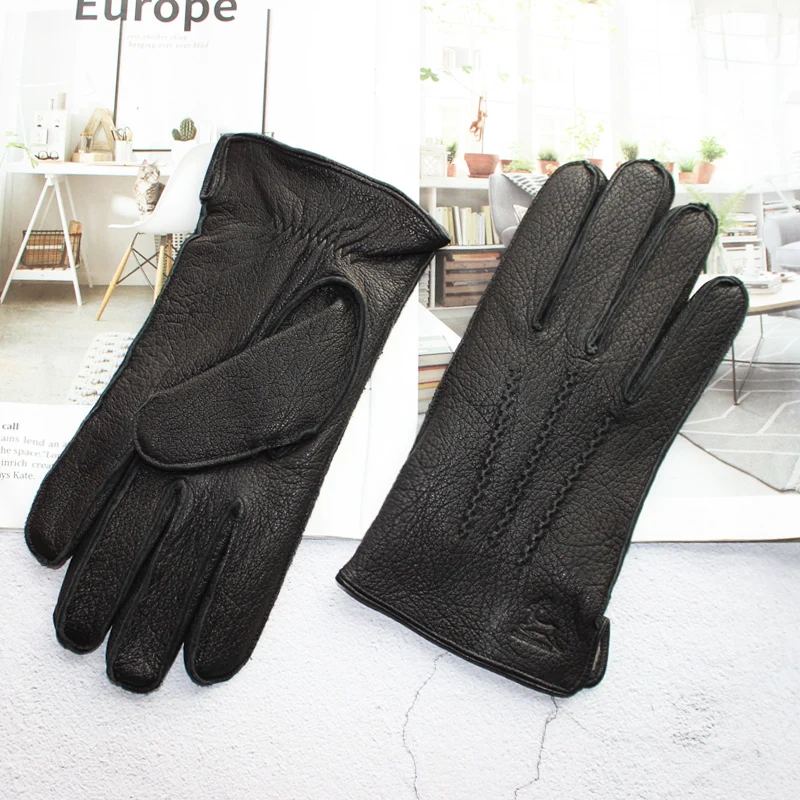 New Deerskin Gloves Men's Leather Outer Stitched Striped Retro Motorcycle Riding Driving Autumn and Winter Wool Knitted Lining