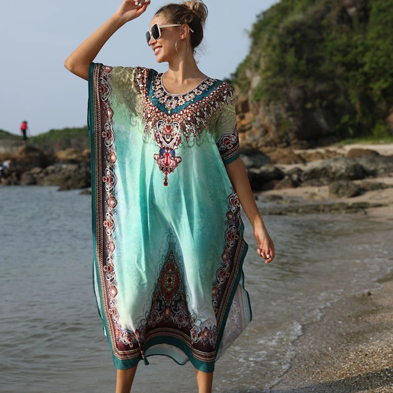 New Quick-drying Bohemian Women Dress Bikini Cover-ups Robe De Plage Print V-neck Summer Dress Beachwear Swimsuit Cover Up