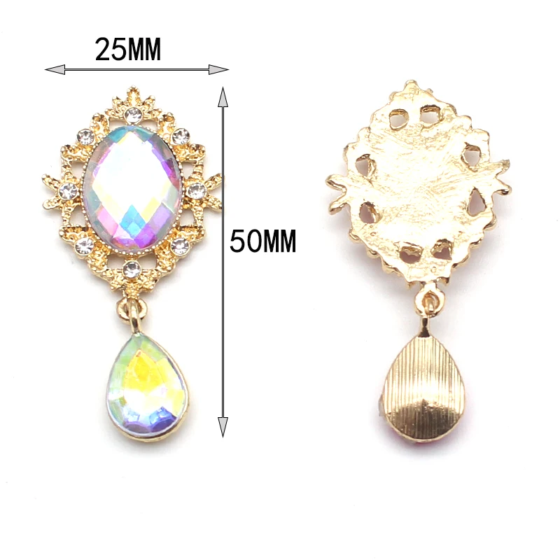 5Pcs 50*25MM Oval Acrylic Rhinestone Alloy Pendant Flat Button Gorgeous Crown Ornament DIY Wedding Jewelry Accessories