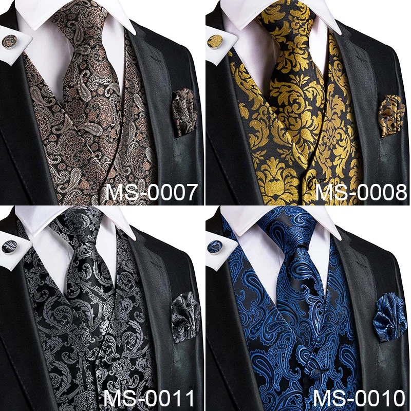 Hi-Tie Silk Adult Men\'s Vest for Suit Luxury Paisley Floral Plaid Suit Vest and Tie Set Blue Gold Red Sliver Wedding Vest Men