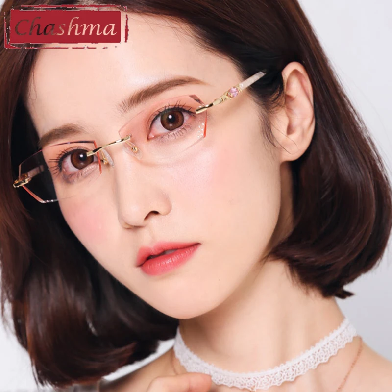 Women Titanium Rimless Prescription Glasses Frame Brown Colored Eye Lenses Stones Diamonds Myopia Reading Glasses Spectacles