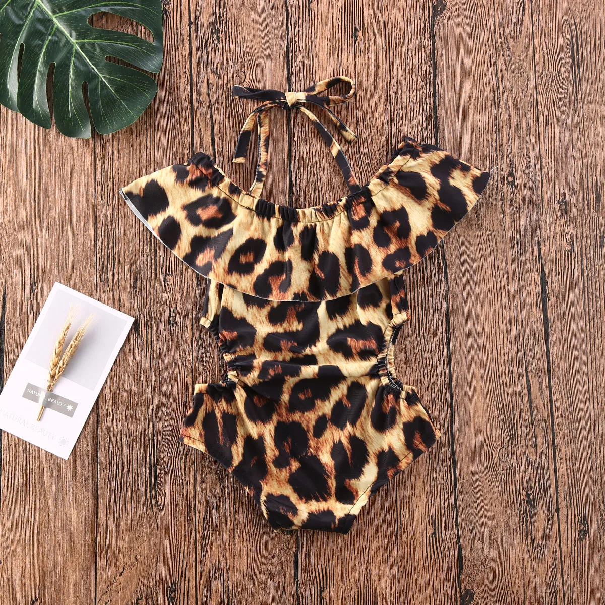 1-5T Baby Girl Sling Ruffled Leopard Print Sling Swimsuit Summer Drop-Shoulder Leopard Print Lace Strapless Sleeveless Beachwear