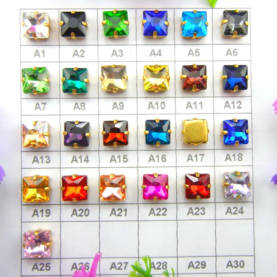 Glaskristall-Goldkrallenfassungen 8mm 10mm 12mm Schöne Farbmischung Quadratische Form Aufnähbare Strassperlen Hochzeitsschuhe DIY-Verzierung – Detail 2
