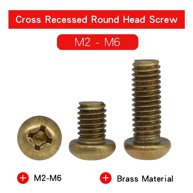 

20-200 PCS Brass Copper Cross Recessed Round Head Screw M2 M2.5 M3 M4 M5 M6 Pan Head Metric Thread Phillips Screws