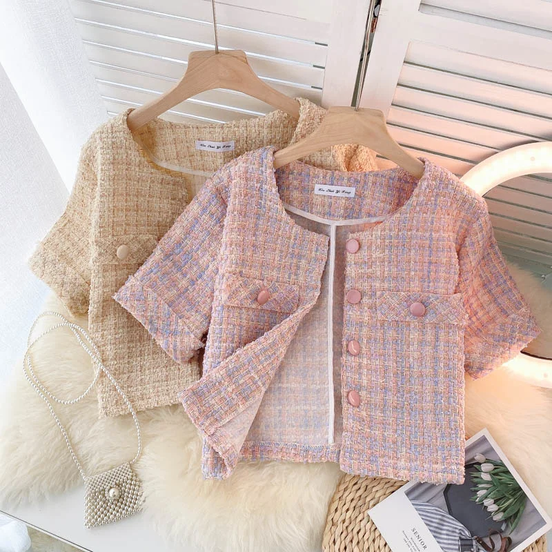 Women Jackets 2021 Summer Korea Chic Ladies French Retro Round Neck Raw Edges Design Loose Pockets Tweed Short Jacket Femme