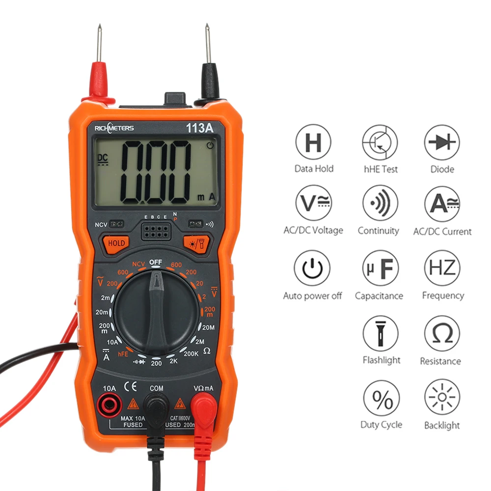 RICHMETERS RM113A Multimeter NCV Digital Multimeter 2000 Counts HFE AC/DC Voltage Measuring Meter with Flash Light Backlight