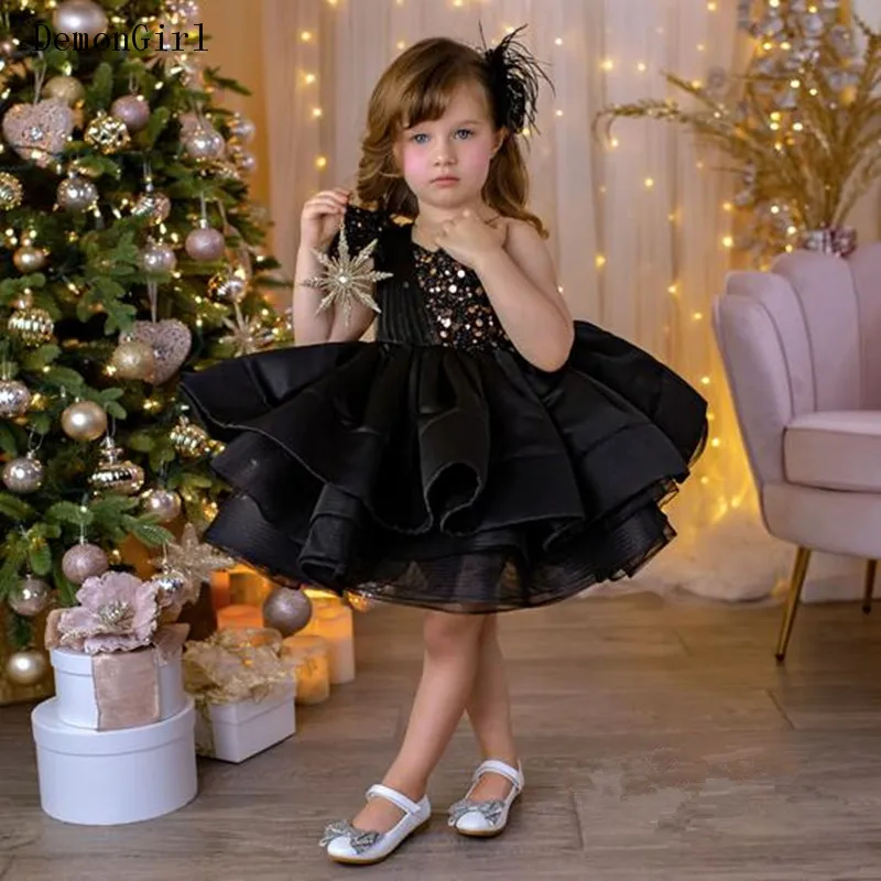 Glitter Sequins Fluffy Flower Girl Dress Princess Black Organza First Communion Dress Little Bride Dress Girl Birthday Dresses