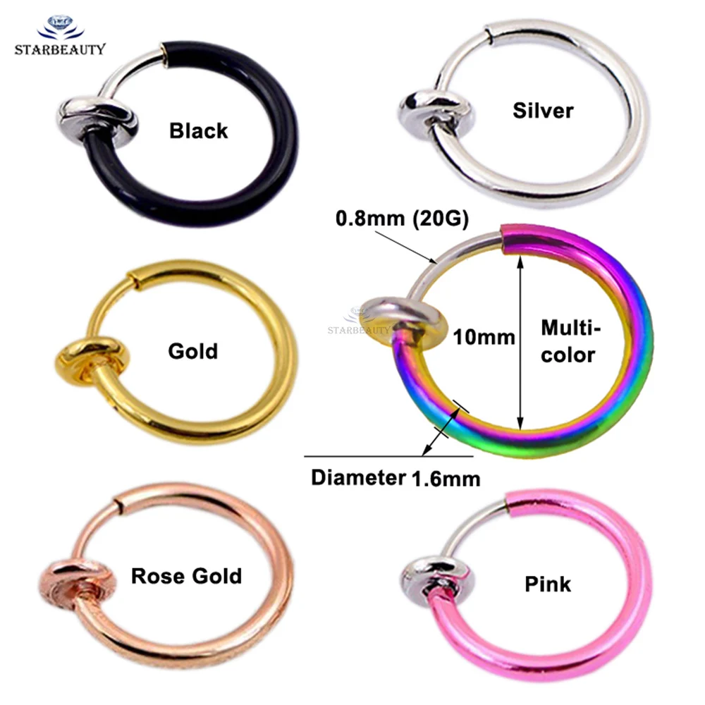 Starbeauty 2Pcs 0.8x10mm Labret Piercing Lip Fake Nose Ring Hoop Septum Rings Faux Nose Piercing Ear Clip Earrings Helix Jewelry